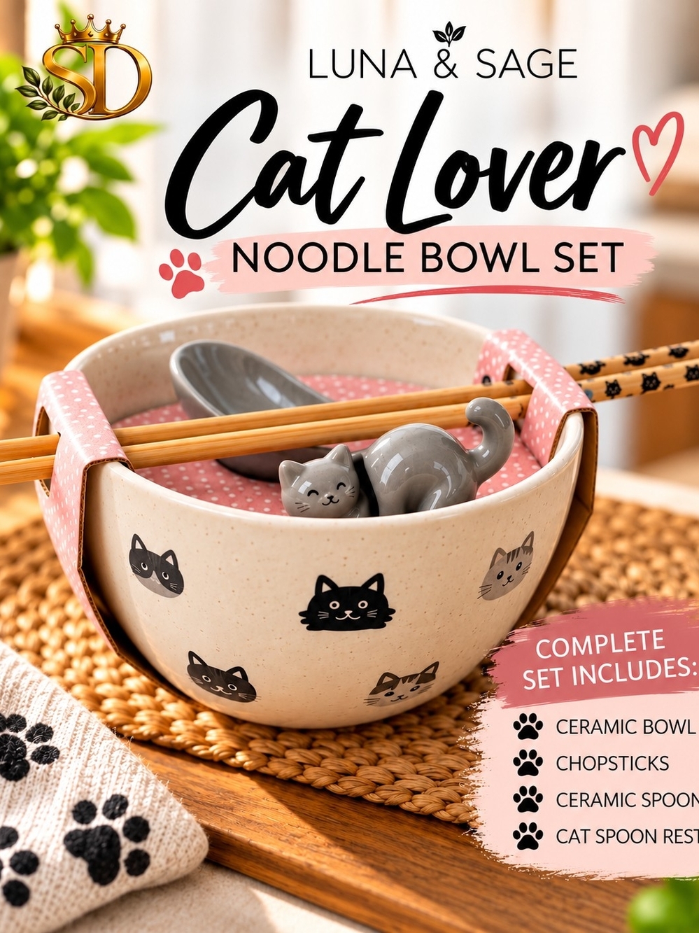 Luna & Sage Cat Noodle Bowl Chopsticks Spoon Set